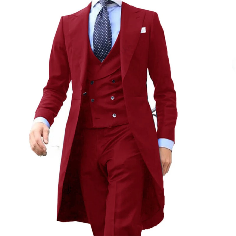 Wholesale New Long Tail Coat Designs Red Men Suit Gentlemen Tuxedo Prom Blazer Custom 3 Pieces (Jacket+Vest+Pants)