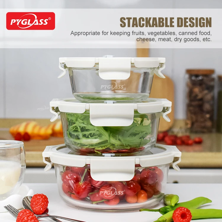 Glass food storage container with breathable clear glass lid for home kitchens 3set
