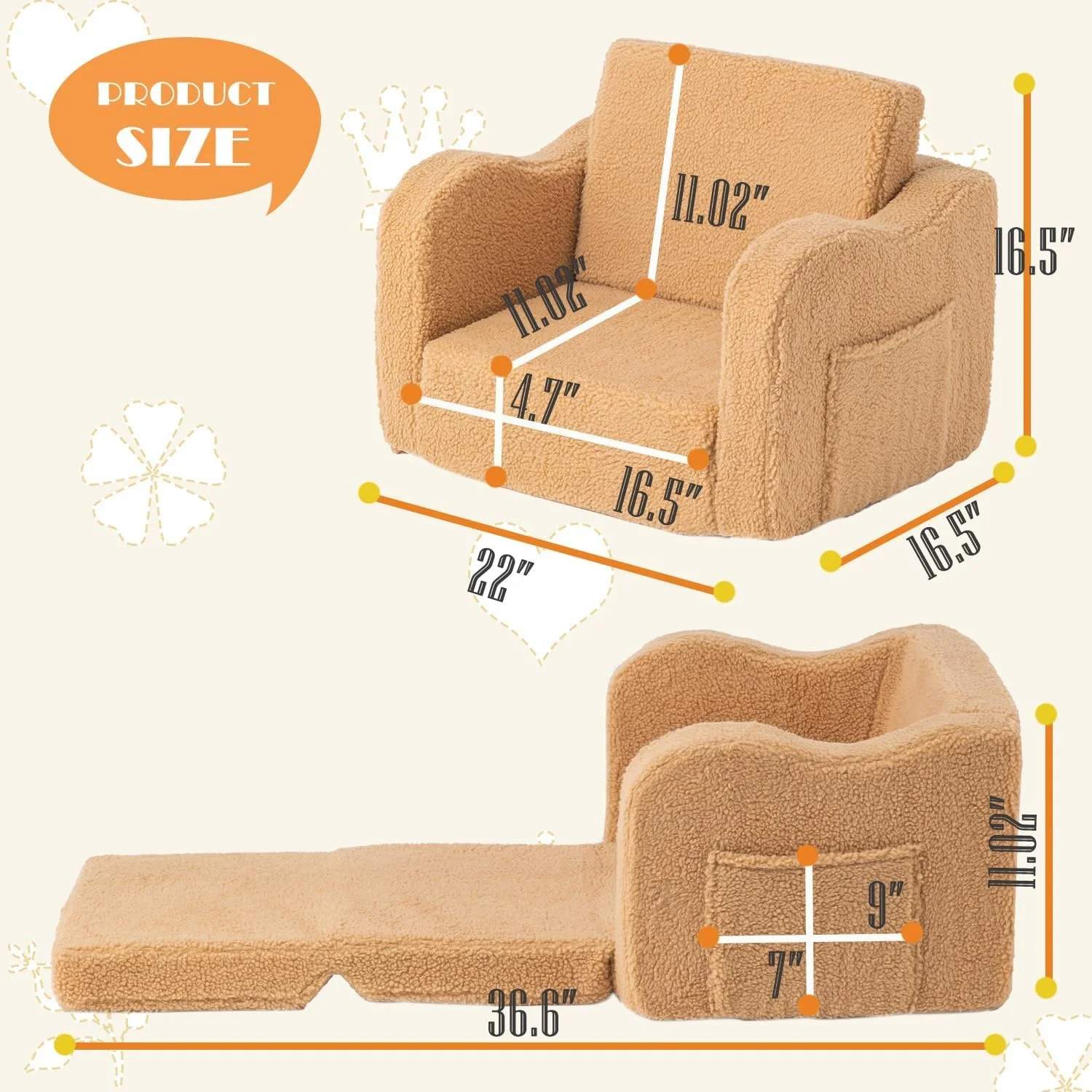 Toddlers 1-3 Memory Foam Kid Play fold flip out kids sofa