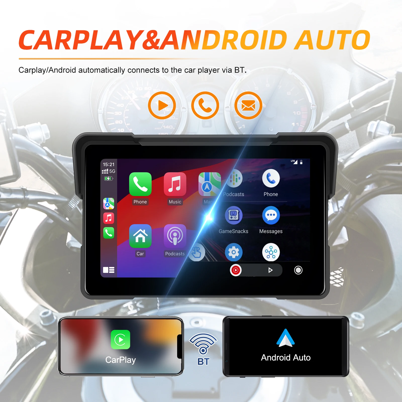 Podofo 7 Inch Motorcycle Portable Wireless Carplay /Android Auto Monitor IP67 Waterproof  Support Airplay Android cast BT