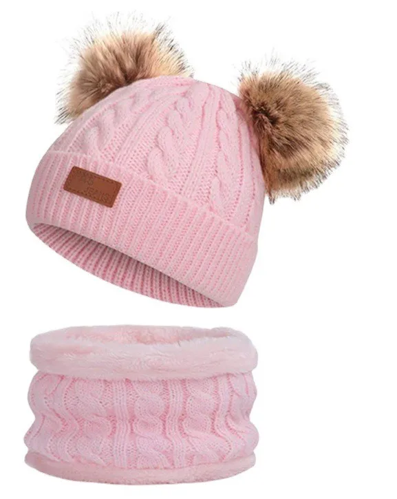 Kids Toddler Baby fleece lined Pom girls boy hat scarf glove set children warm thermal winter knitted Faux Fur Hats Scarves sets