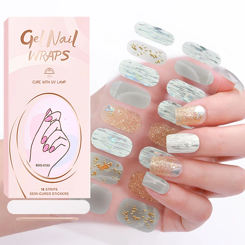 Factory customization glitter crystal jellyl semi cured wraps long lasting gel nails strips sticker
