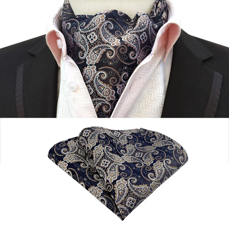 Men Retro Jacquard Paisley Design Scarf Self Necktie Cravat Polyester Fabric Ascot Tie And Matching Pocket Square