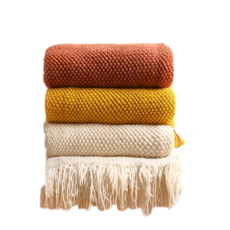 European Style Knitted Tassel Throw Blankets Sofa Blanket Super Soft Solid Color Waffle Blanket for Home Decor