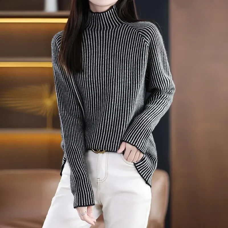 Popular New Product Contrast Color Striped Long Hair Cashmere Knitted Sweater Wool Turtleneck Pullover Custom Knit