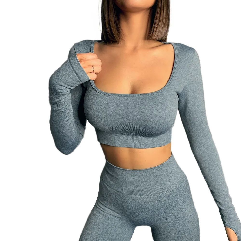 Long Sleeve Yoga Set Crop Top And Yoga Leggings Set Tight Workout Sportswear Seamless Sports Suit For Women