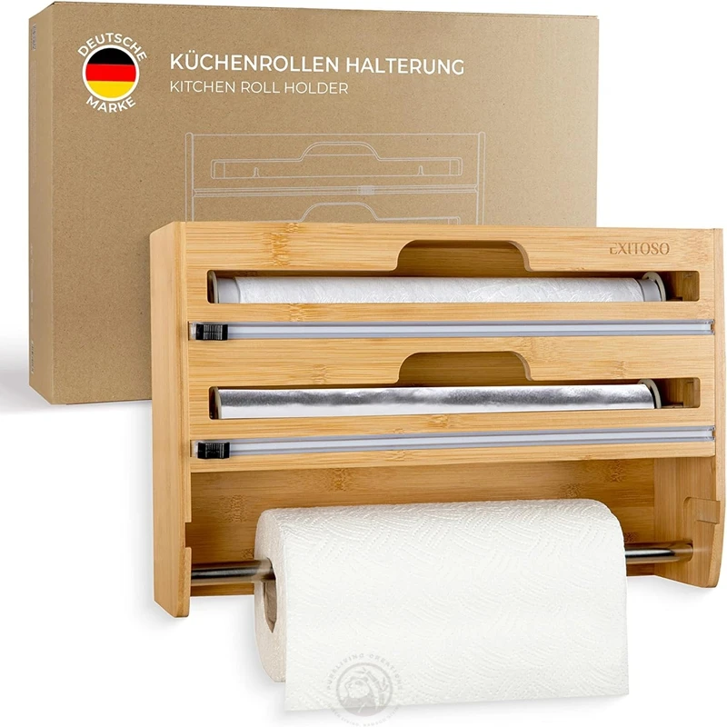 Towel rack 3-in-1 Storage Bamboo Plastic Wrap Dispenser with Slide Cutter for Aluminum Foil Ziplock bag organizer