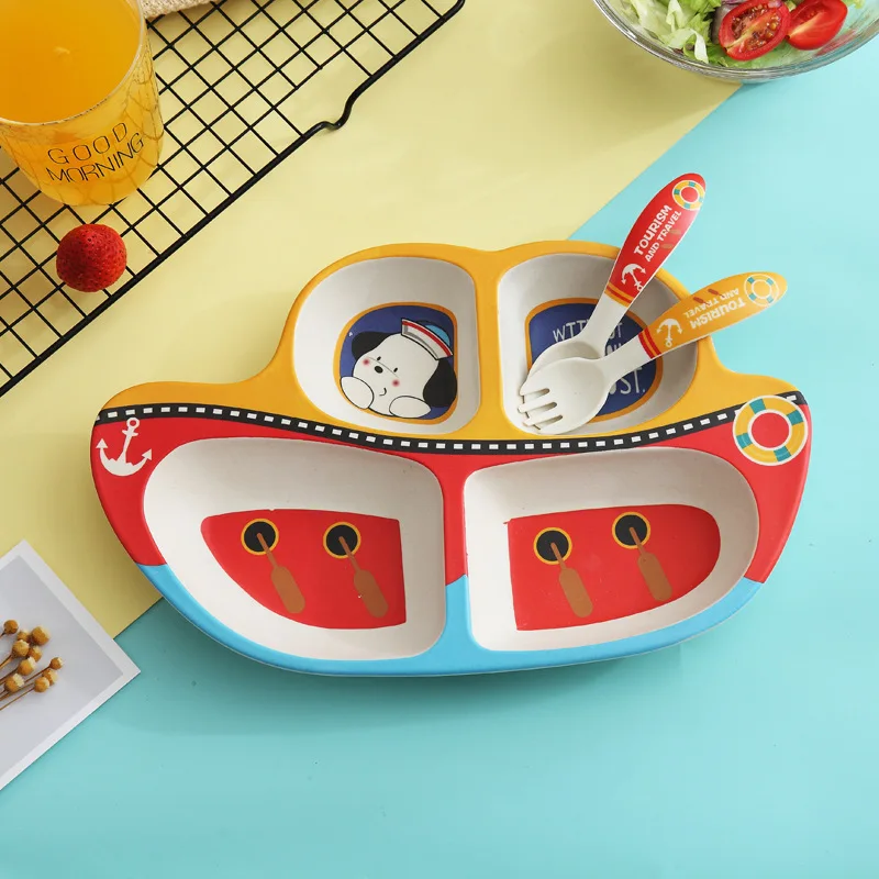 3pcs bamboo fiber Creative sailing boat baby split plate three-piece rice bowl set
