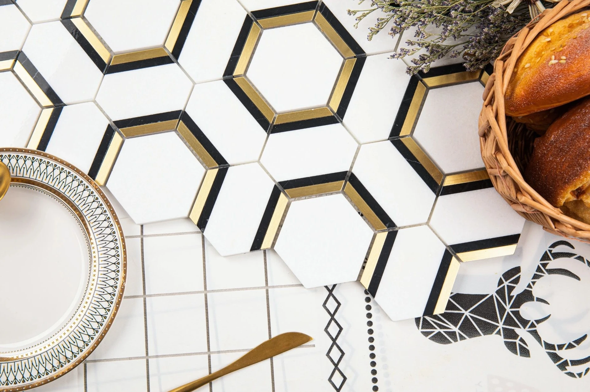 Sell High-grade Light Luxury Natural Marble and Metal Hexagon Mosaic Tile Waterjet Pattern