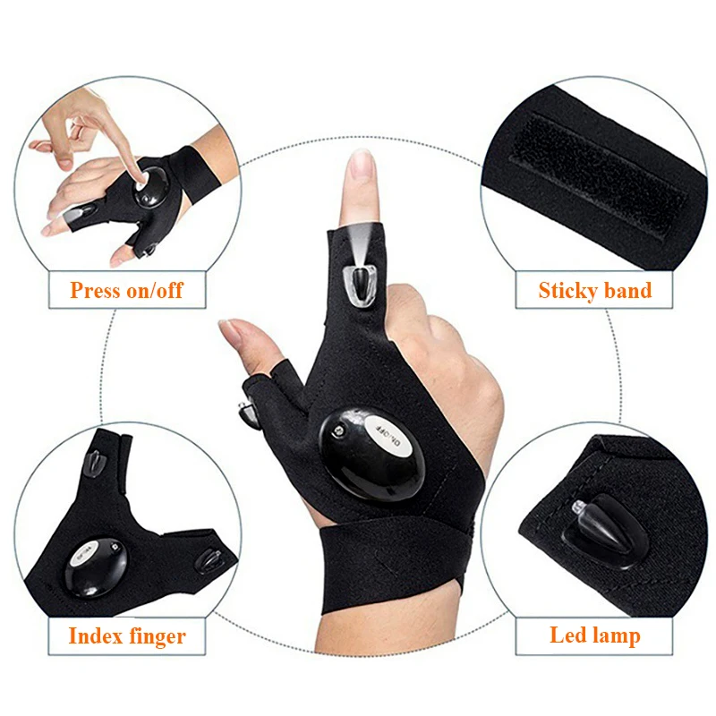 Magic Strap Fingerless Glove With 2 LED Lights 1 Pair LED Flashlight Gloves For Fishing Cycling And Low Light Work