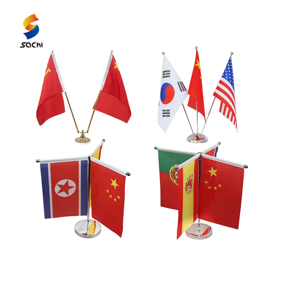 Customized National Desk Flag Stand Decorative Mini Metal Stand Flag With Stainless Steel Flag Pole