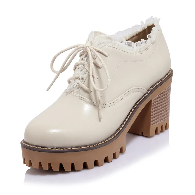 New Flounces Lace-up Waterproof Platform Ladies Casual Thick Heel Shoes