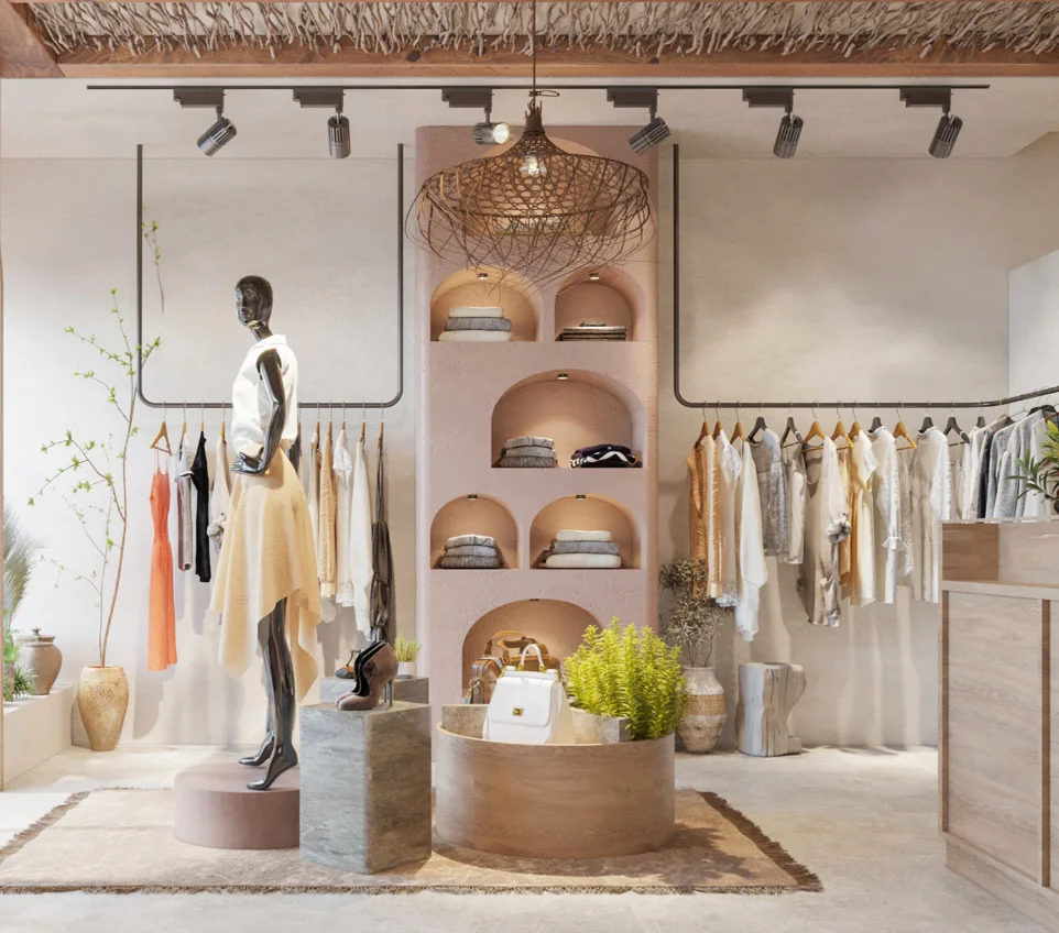 Free Design Luxury Women Clothing interior display accessories design rose gold stainless steel shelves delicate display rack