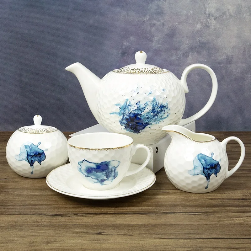 Wholesale 15pcs Shining golden bule color royal design white embossed body high quality Eco-Friendly tea sets for 6 person sets