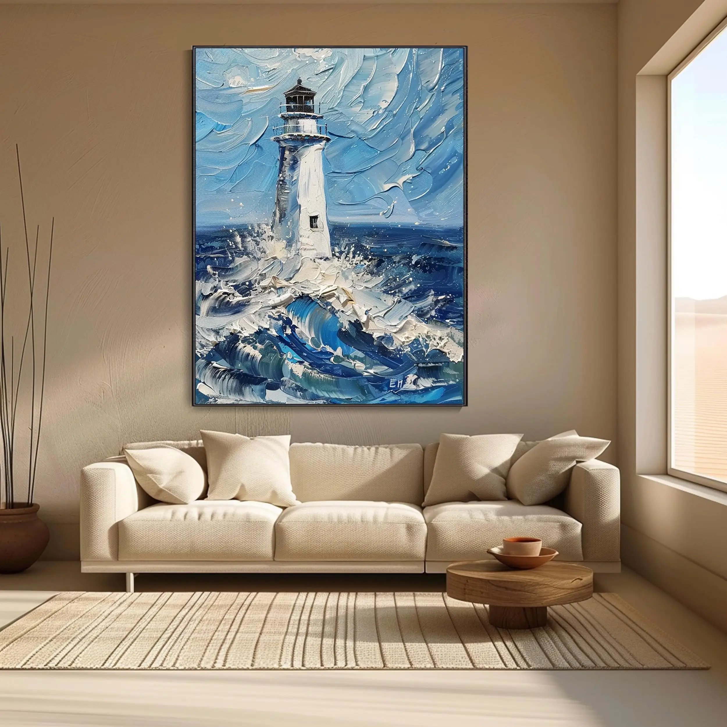 SQ Modern Waves Decor Lighthouse Canvas Blue Ocean Oil Hand Abstract Landscape Custom 3D Decor Wall Interior Home Ocean Scenery