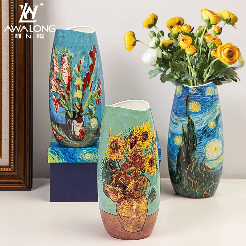 Mediterranean  Porcelain Vase China Factory Business Gift Van Gogh Painting China Ceramic Vase