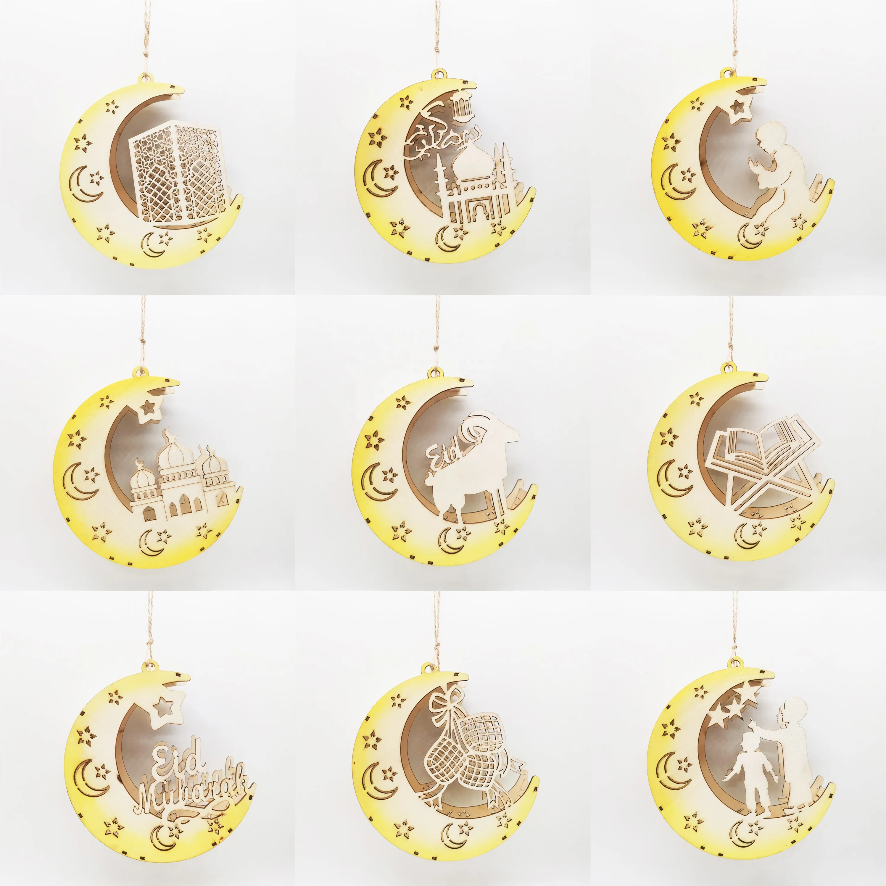 Hot sale Muslim wood Ramadan decorations lights Eid Mubarak moon wooden craft