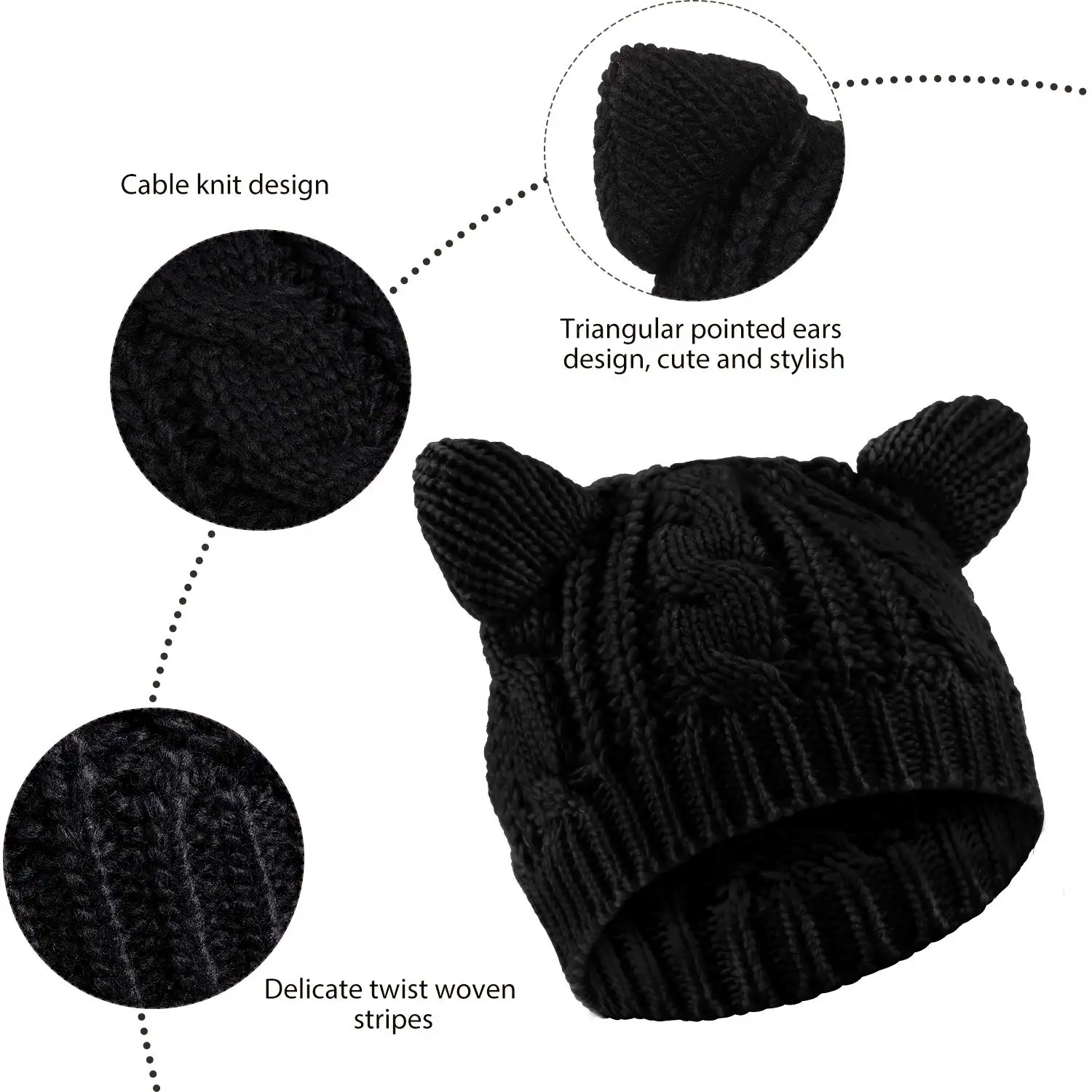Unisex Custom Cute Cat Ears Beanies Hat Winter Knit Cable Slouchy Hat for Women Girls Teens Made from Cotton Acrylic