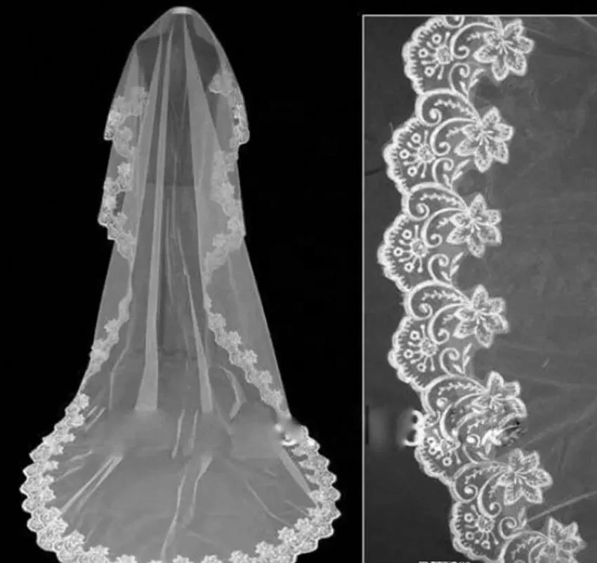 GENYA Bride veil Chapel wedding veil with sequined French lace sweeping bottom veil 3m Ornaments