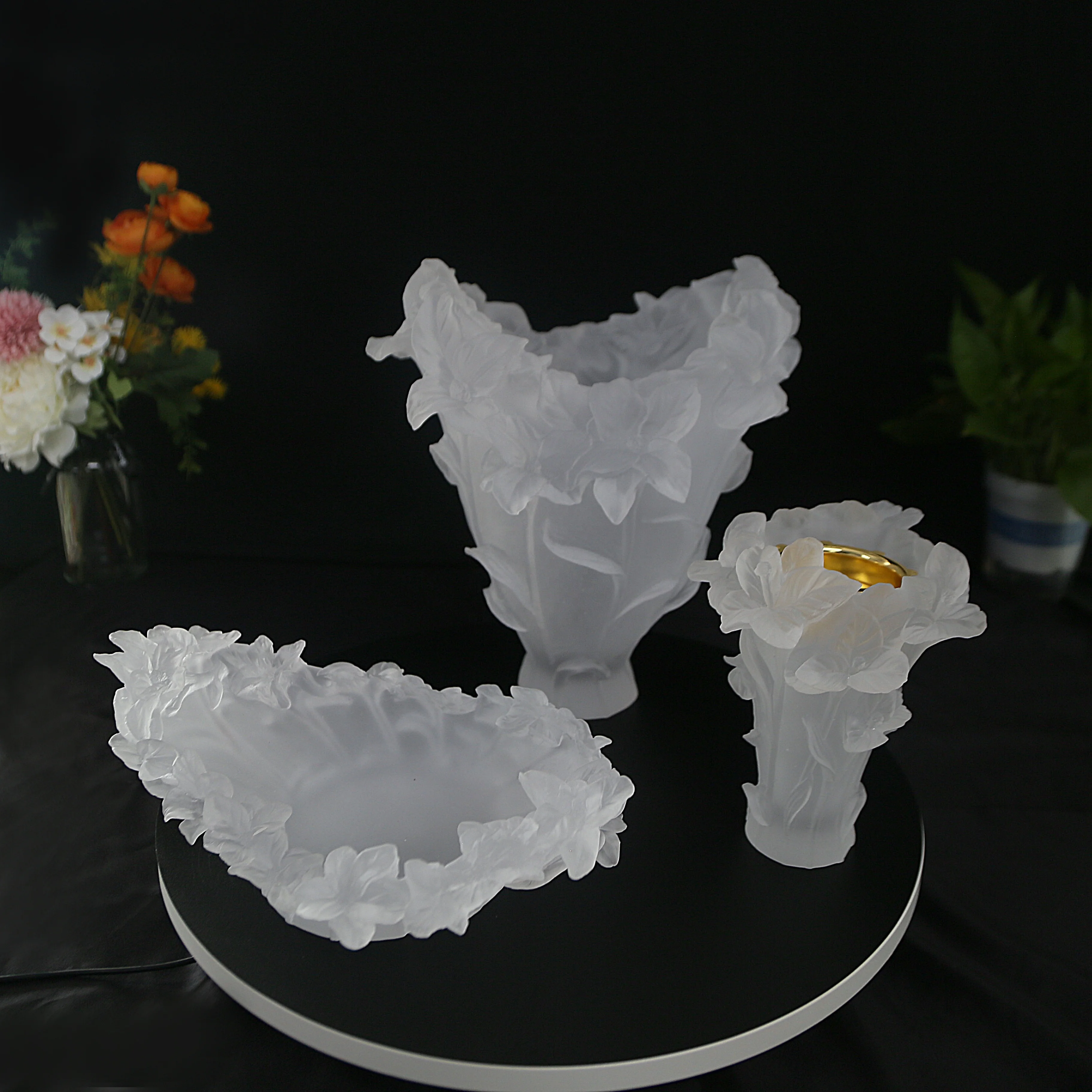 latest  luxury  style orchid   flower vase  fruit bowl crystal decorative set for home wedding hotel office ornament