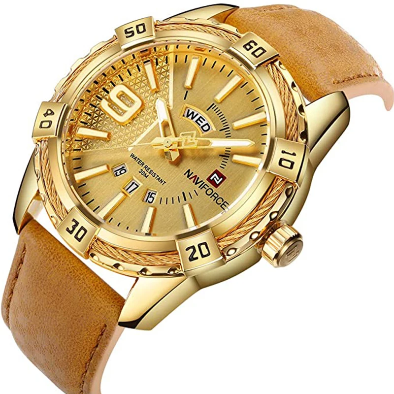 
2020 hot selling NAVIFORCE 9117 Leather Bussine Man Digital Quartz Day Week Function Watches Luxury Big Gold Watch for Men 