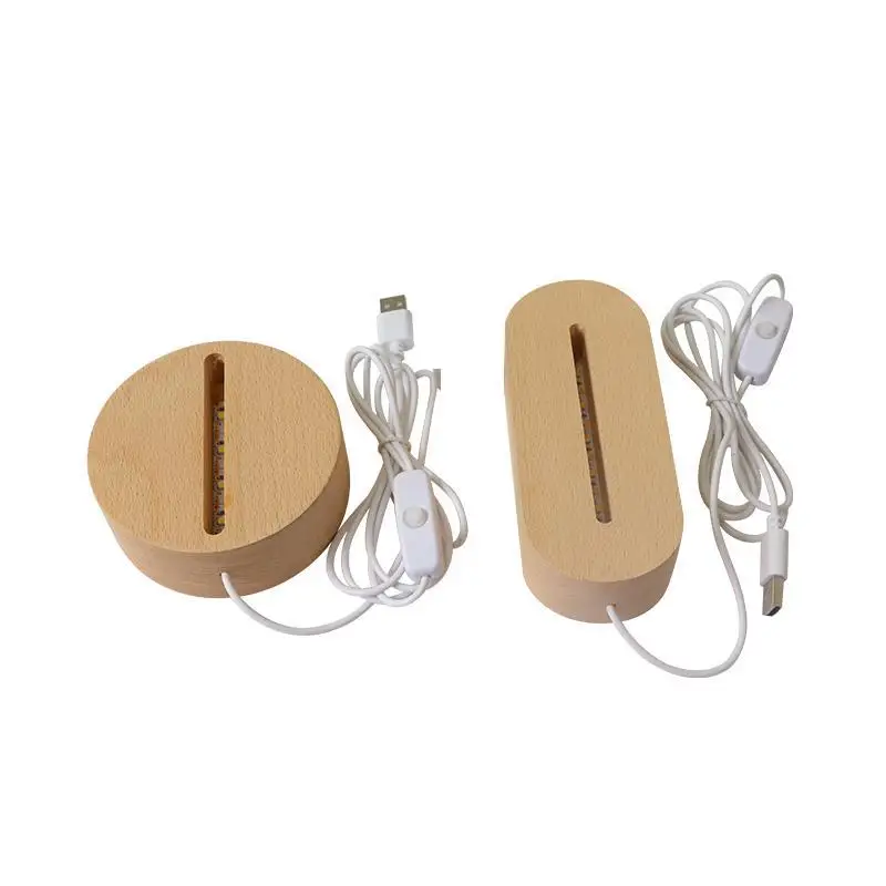 USB Wooden Base Lamp Led 3D Night Light Round Oval Wood Led Light Bases for Acrylic