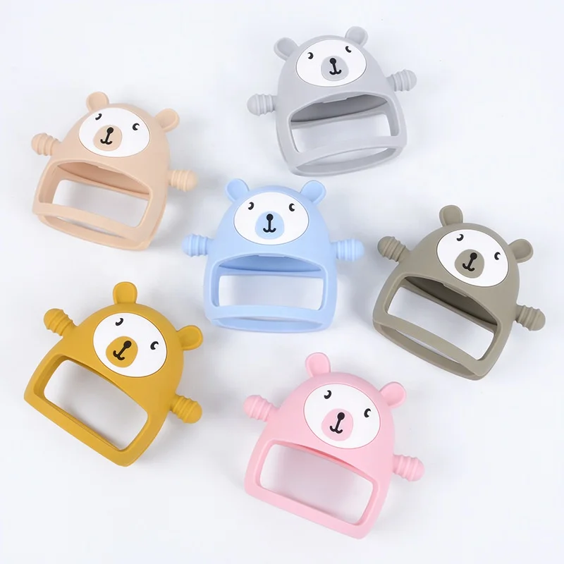 hot selling items bpa free safe silicone bear shape wrist teether ring mordedor de silicon par beb baby silicon hand teethers