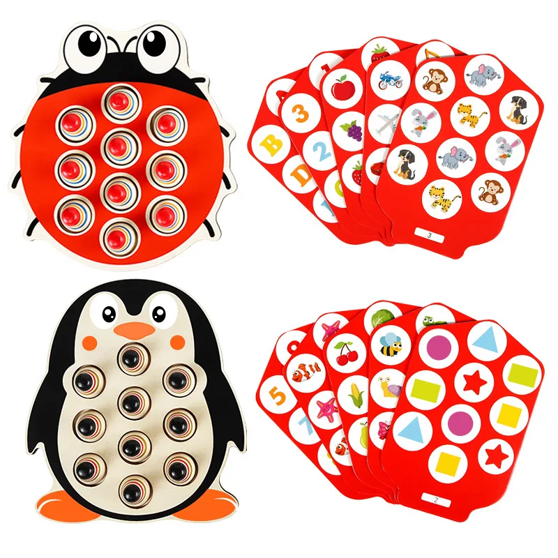 2022 Penguin Educational game sensory toy Cartoon animal shaped ladybug wooden memory chess for kids
