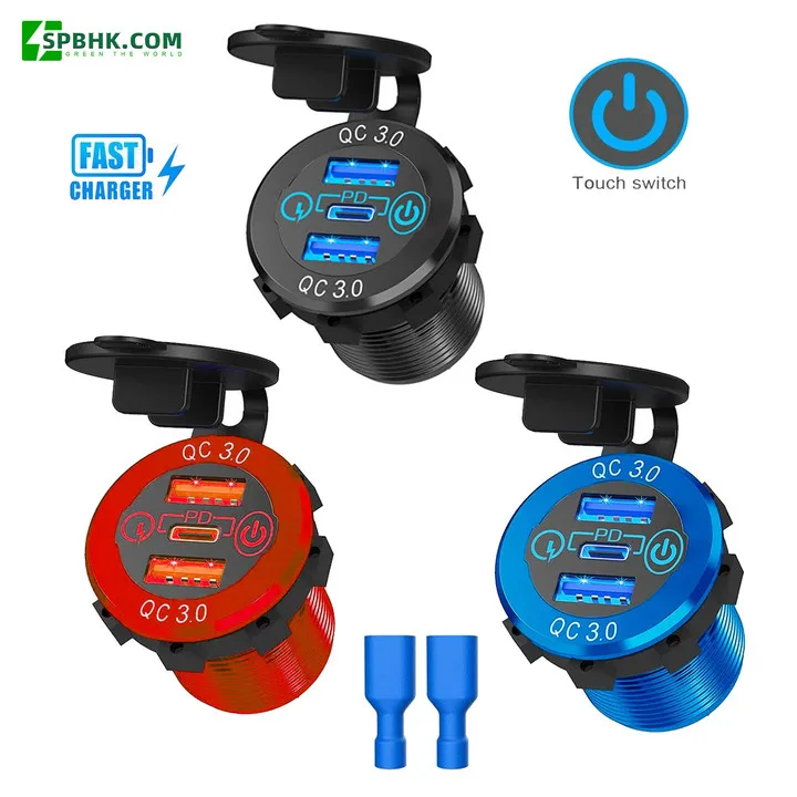 Car USB Charger Socket 12V-24V USB-C Dual QC3.0 PD Ports with Power Switch Fast Car Charger Socket for Car Marine RV Motorhome