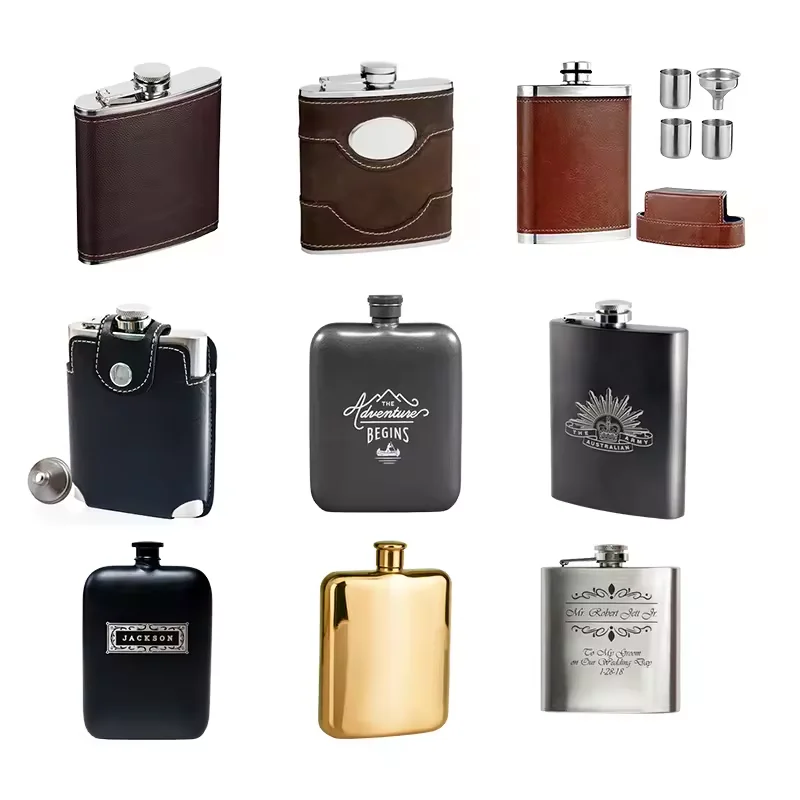 Wholesale custom camping 5oz 6oz 7oz 8oz personalised wholesale whisky leather hip flasks