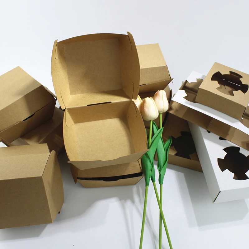 
Custom Logo Eco-friend Handle Takeaway Kraft Food Paper Box Cakes Hamburger Wholesale Lunch Food Paper Box With Compartment 
