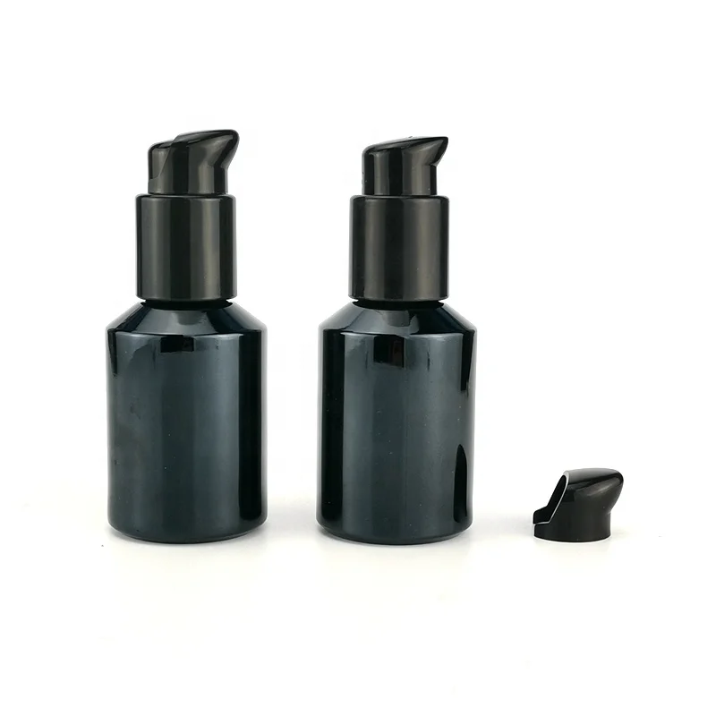 shiny black glass bottle 60 ml glass cosmetic bottle 2 oz cream bottle with plastic black pump switch pump external spring pump