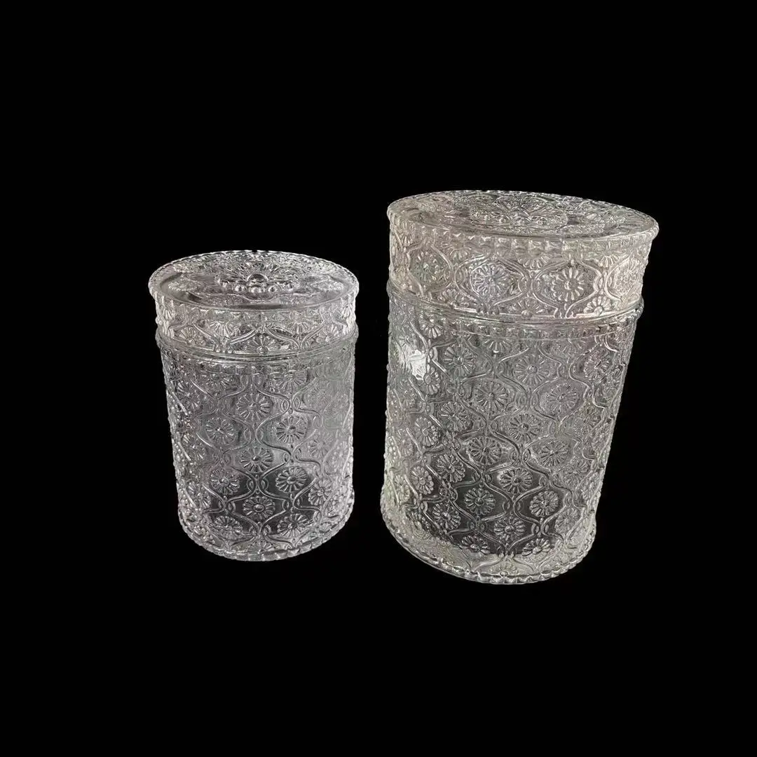 
Cylindrical embossed printing glass candy jar candle jar with lid for wedding holiday and home 