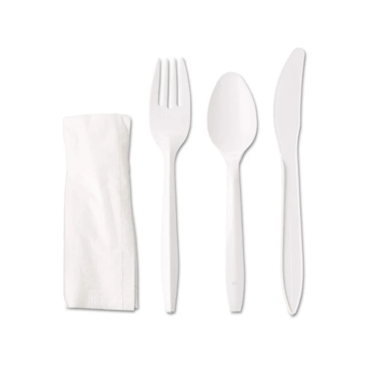 White Plastic Black Spoon Fork Knife Disposable Cutlery With Paper Napkin
