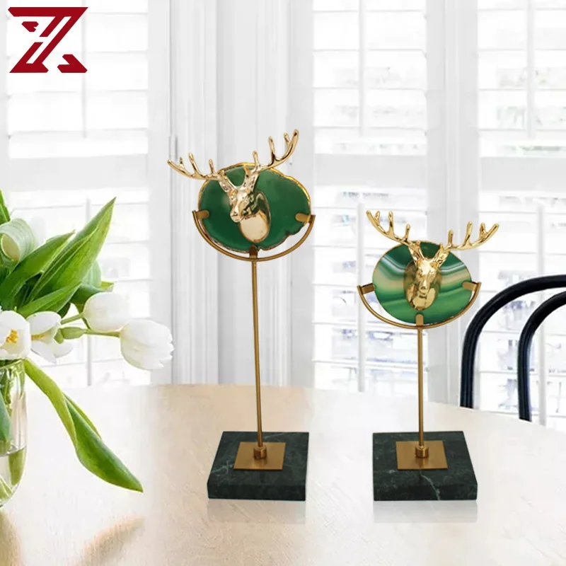 Good quality antique ornament craft luxury metal golden deer head agate home decor accessories