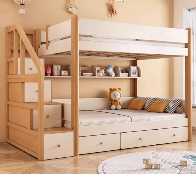 Modern Luxury Two-Layer Multifunctional Bunk Bed Full Solid Beech Wood for Children and Parents for Home and School