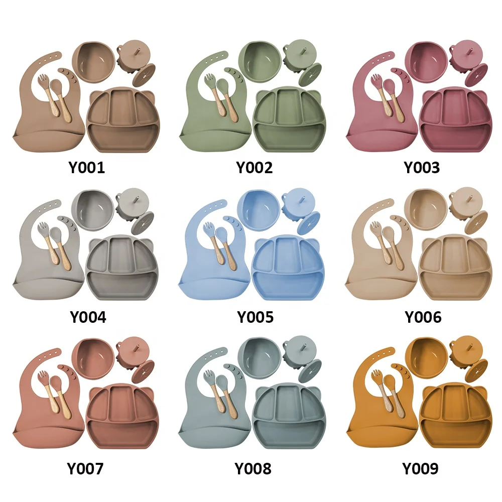 2021 New 6pcs Baby Silicon Feeding Set Silicone Suction Plate, Bib, Bowl, Sipper Snack Cup, Wooden Spoon, Fork