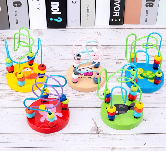 Kids Early Intelligence Wood Mini Roller Coaster Cube Beads Wire Maze Game Educational Toy