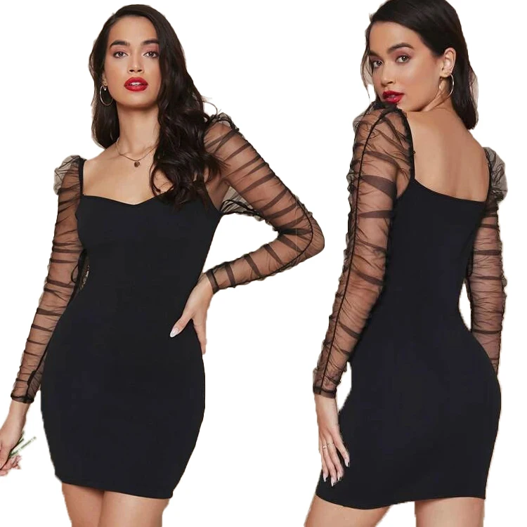 ODM Black Ruched Sheer Mesh Gigot Sleeve Bodycon Dress Women Spring Sweetheart Neck Elegant Short Pencil Dresses