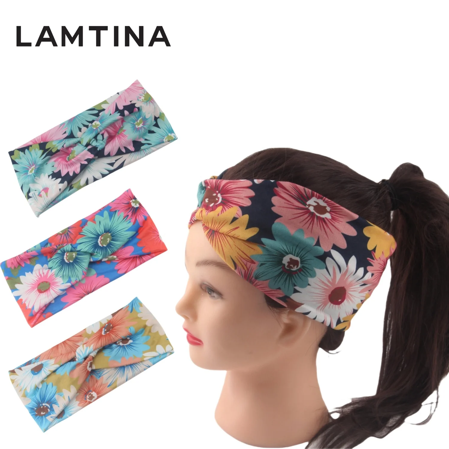 Custom Logo Adjustable Sports Workout Sunflower Hair Bands Twisted Knotted Wide Elastic Floral Headwrap Hair Accessories
