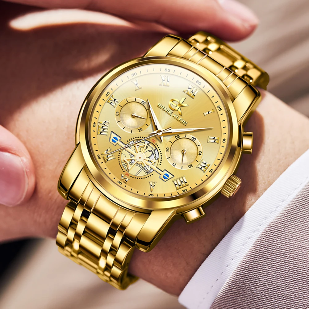 Gold geneva watches for mens Quartz Stainless Steel Luxury Fashion Business Wristwatch