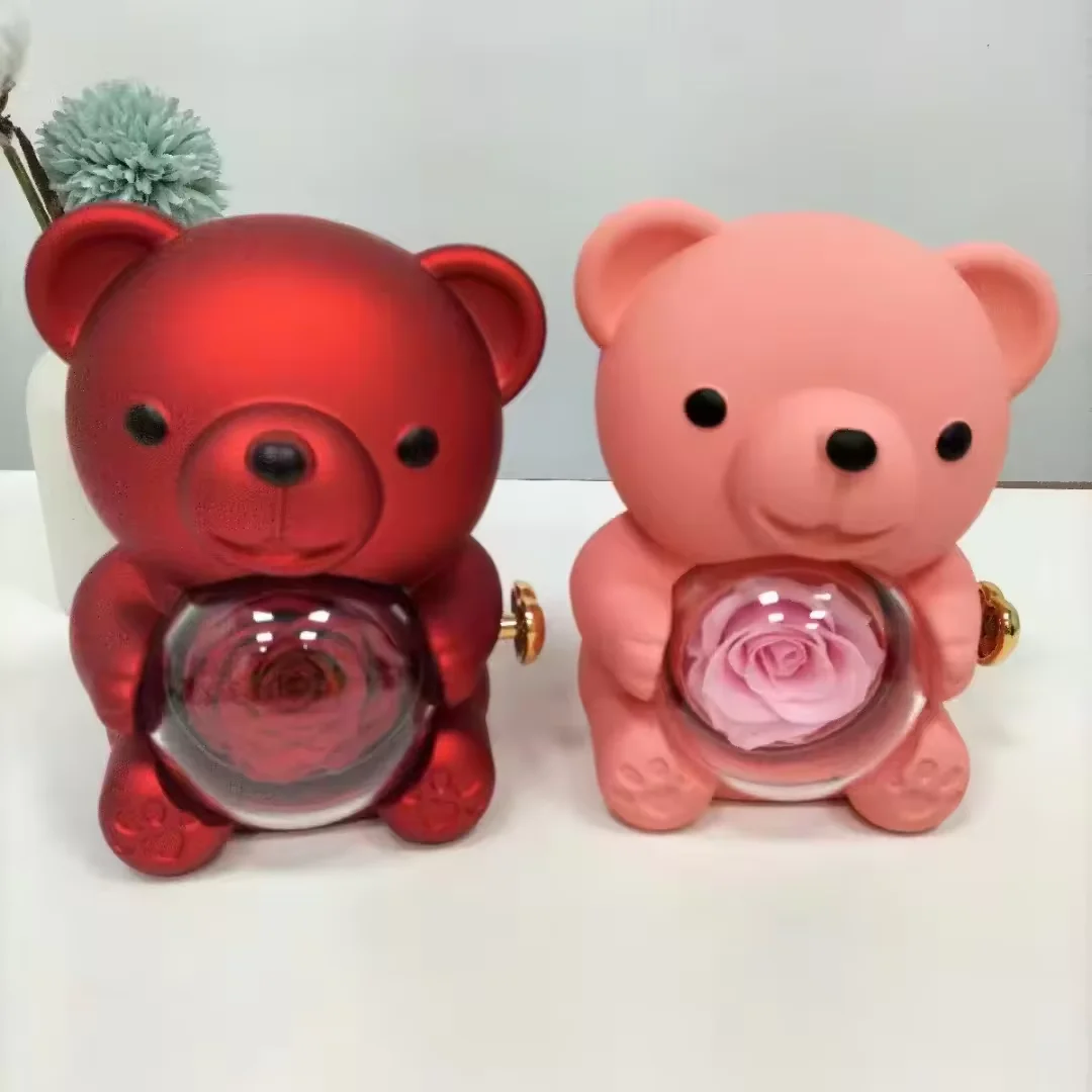 Dropshipping New Hot Preserved Real Rotating Rose Teddy Bear Jewelry Gift Box with Two Round Necklace Gifts for Women Mom Wife