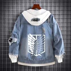 Attack on Titan Hooded Jacket Anime Print Denim Jacket Wholesale Blue Denim Jacket