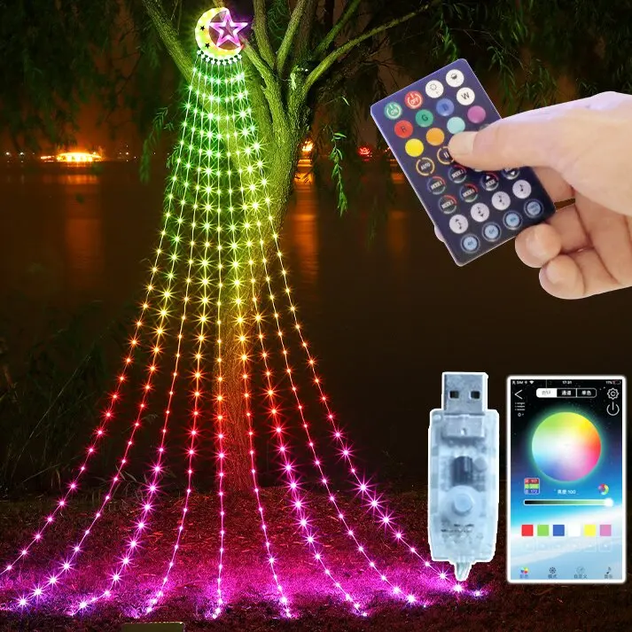 Wholesale Christmas Lights Outdoor with Multicoloured Strand Star waterfall lamp LED Phantom Moon Pentagram Lights String