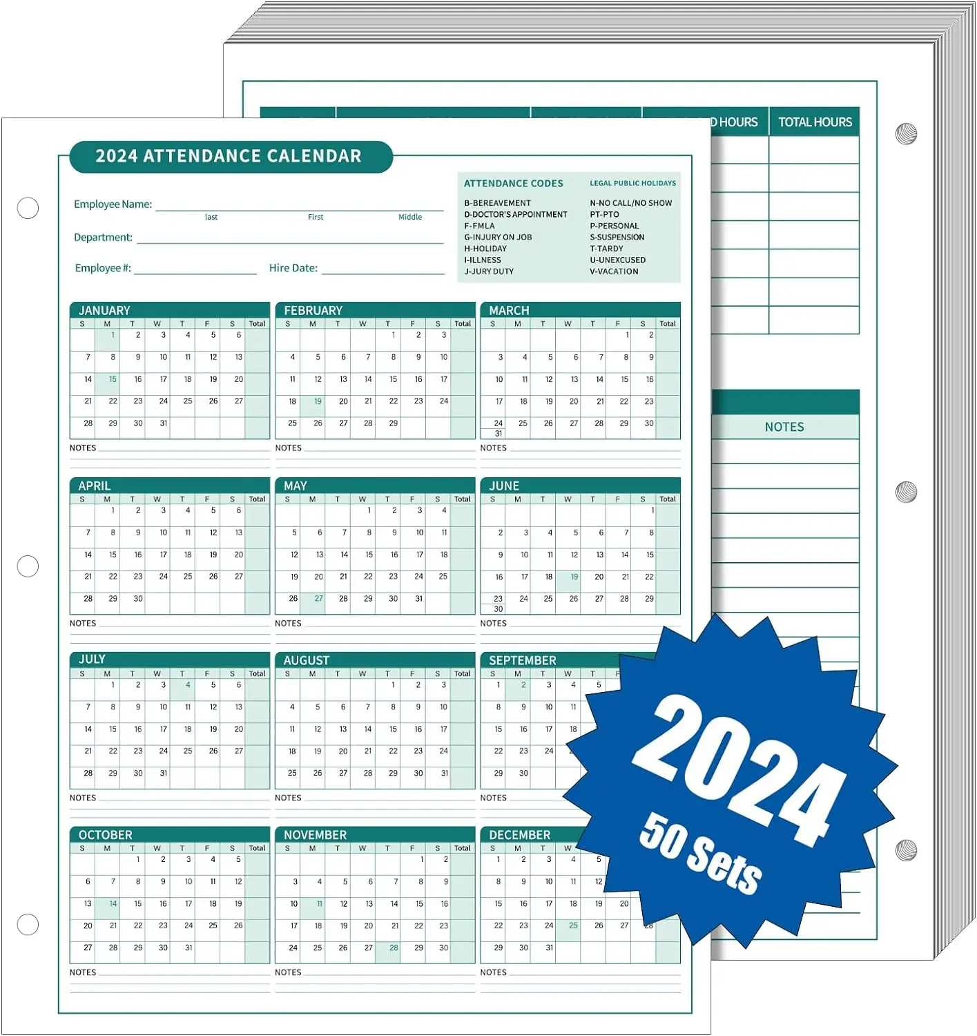 calendar card Special attendance for English card paper work attendance card Attendance Sheets for 3 Hole Binder Employee Record