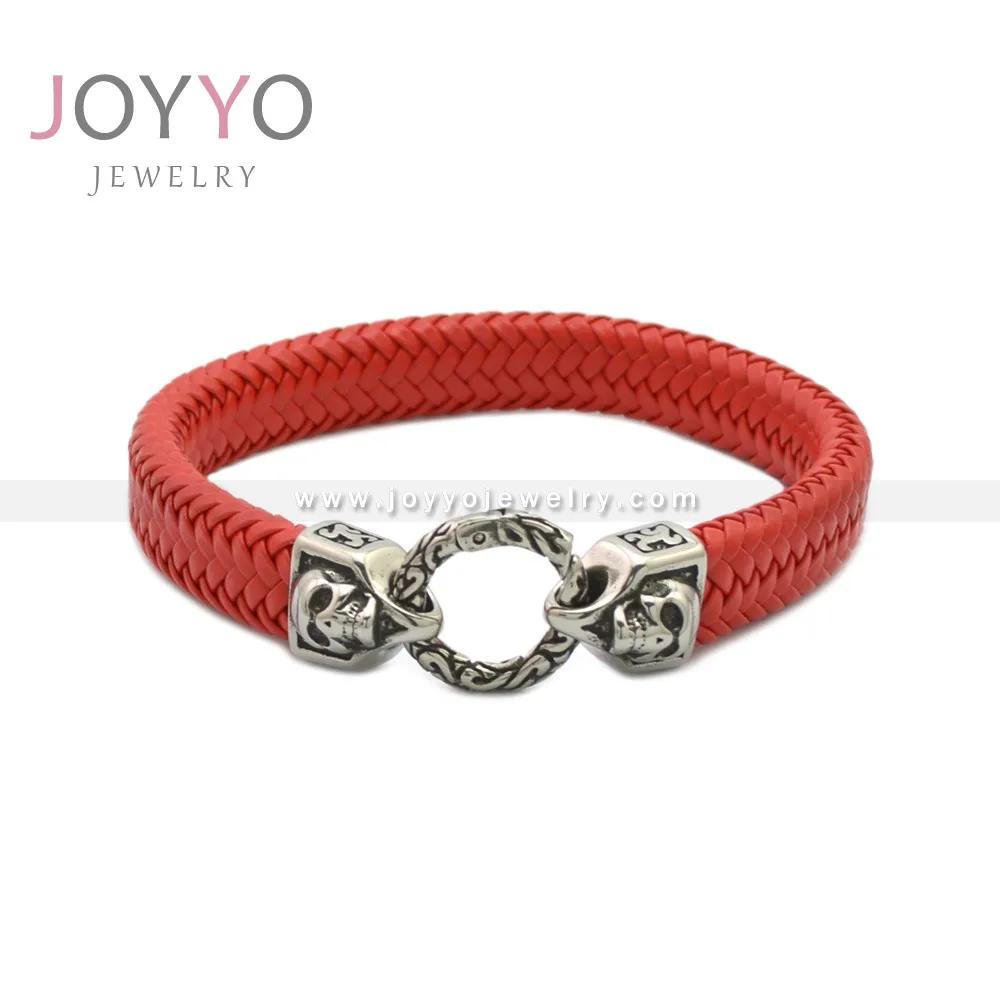 White Color Leather Cuff Bracelets Stainless Steel Leather Goth Bracelet Handmade Mens Braided Leather Jewelry