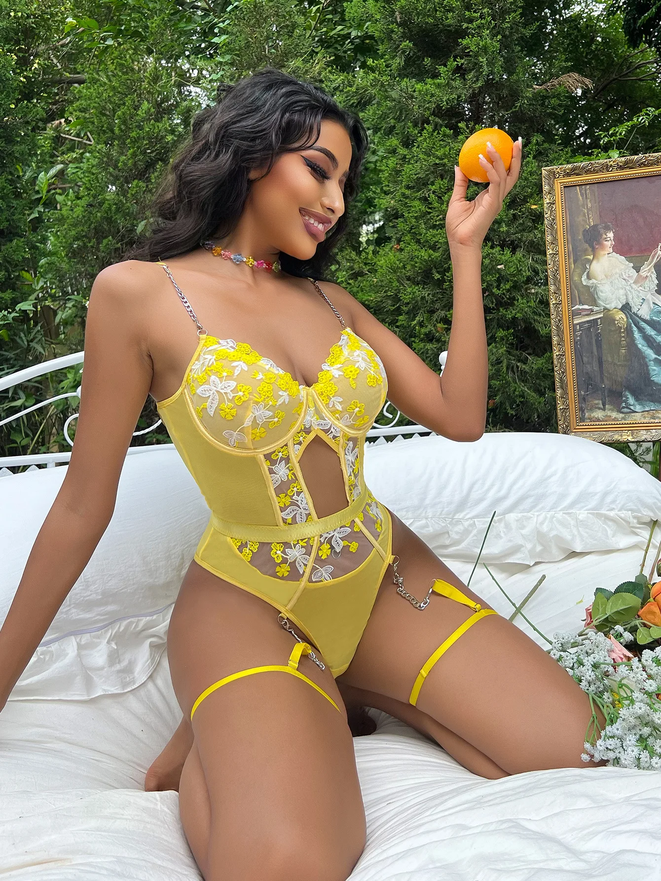 New women busty sexy lingerie corset one piece yellow suspenders women teddy bodysuit sexy lingerie
