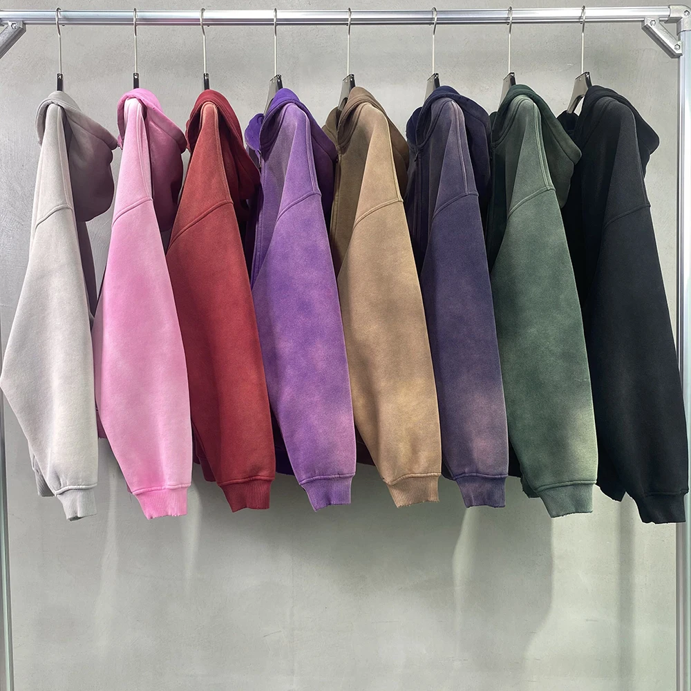 Yingling custom Sun faded Zip Hoodie distressed cotton fleece vintage stone wash Sun faded full zip up hoodie men no string