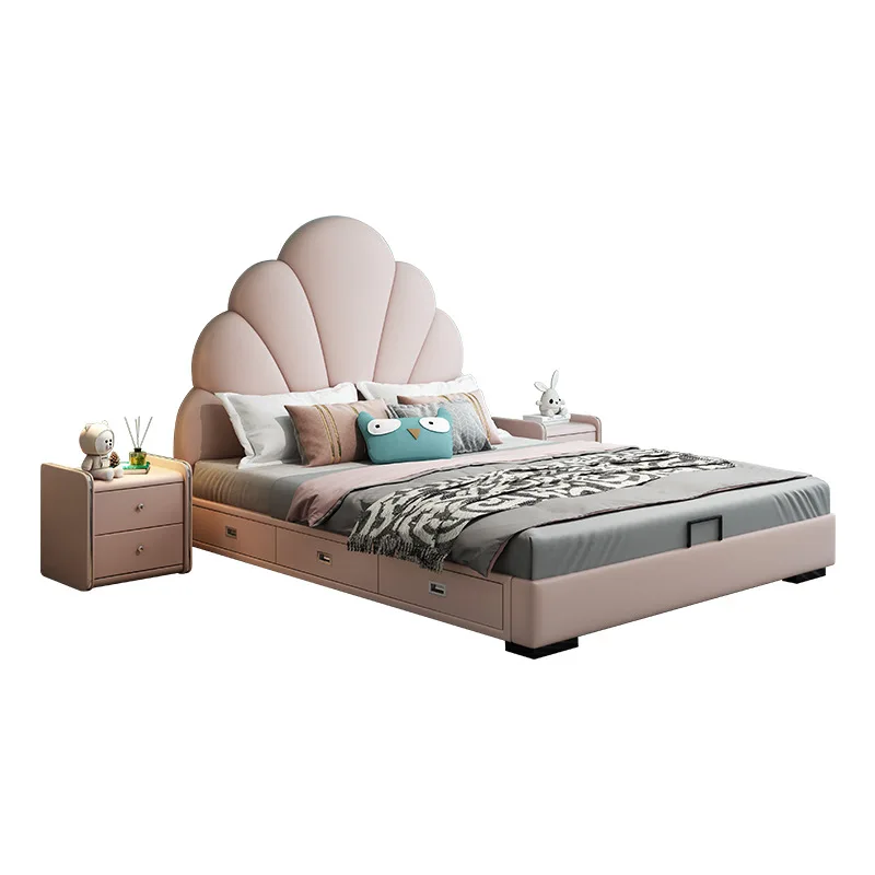 Best Selling Comfortable Girls Single Bed Pink Princess Sofa  Wooden Solid Bed Nordic Leather Princess Beds