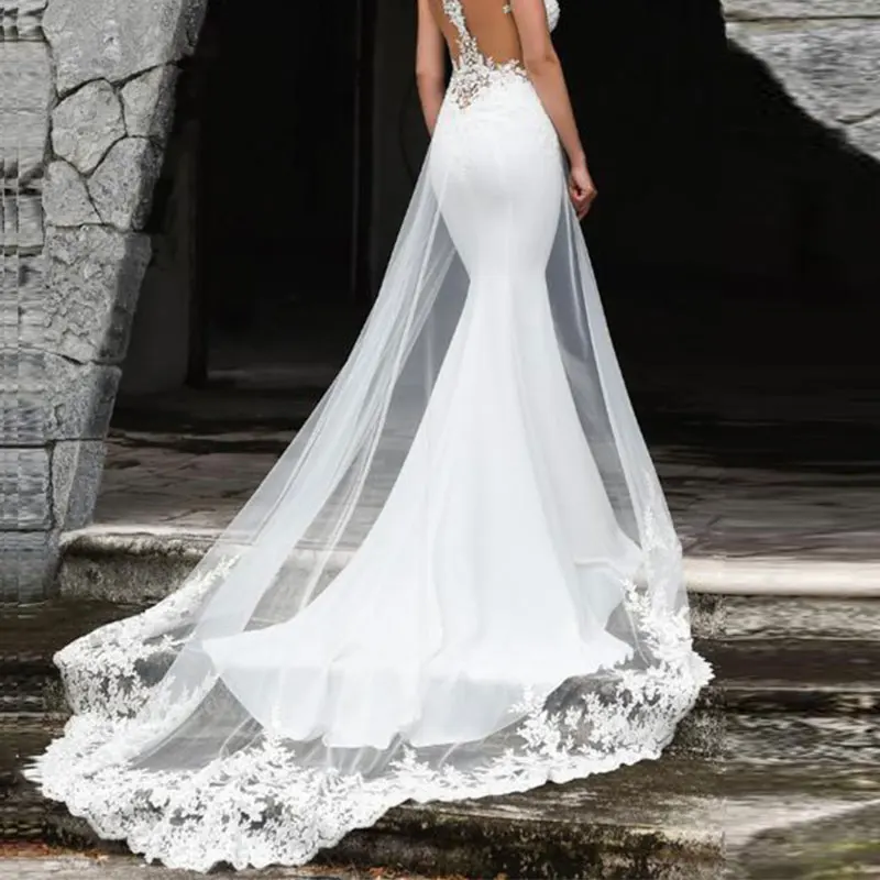 Mermaid Wedding Dress Sexy See Through Back Lace Appliques Wedding 3d Flower Gowns For Bride With Train Robe De Mariage Vestidos